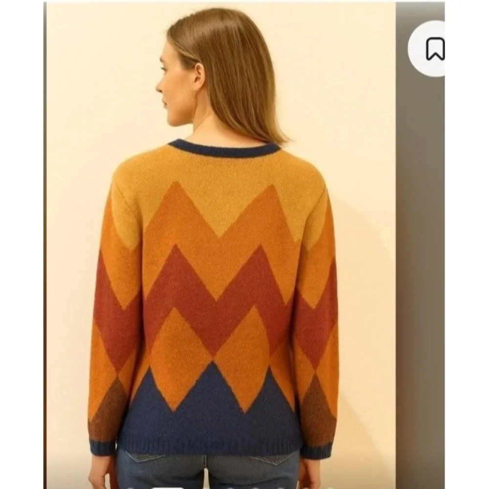 Gemelli Sweater Size‎ S Italian Mohair Brown Blue Red Chevron Pattern Crewneck